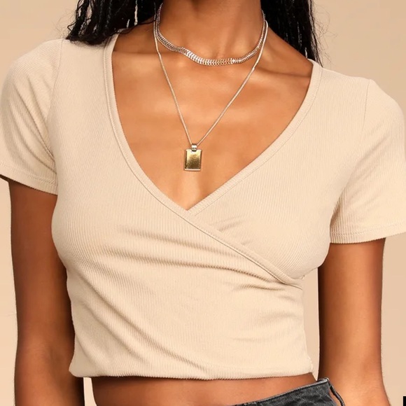 Lulus Ribbed Tan Wrap Top Size Small - Picture 1 of 5
